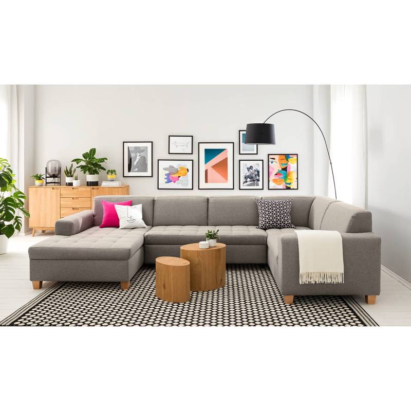 home24 Wohnlandschaft Roblin Braun/Granit Webstoff Bona 333 x 80 x 199cm Longchair davorstehend links / Ottomane rechts Bettkasten/Schlaffunktion von home24