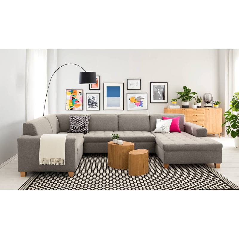 home24 Wohnlandschaft Roblin Braun/Granit Webstoff Bona 333 x 80 x 199cm Longchair davorstehend rechts / Ottomane links Bettkasten/Schlaffunktion von home24