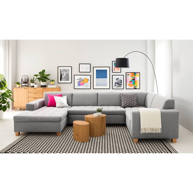 home24 Wohnlandschaft Roblin Grau/Lichtgrau Webstoff Bona 333 x 80 x 199cm Longchair davorstehend links / Ottomane rechts Bettkasten/Schlaffunktion von home24