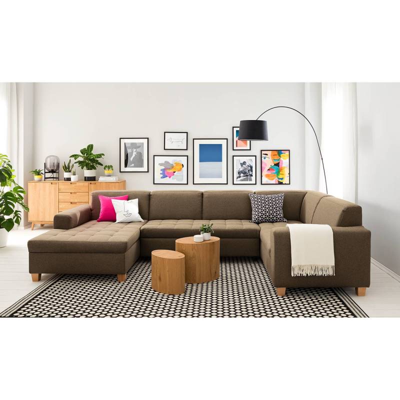 home24 Wohnlandschaft Roblin Braun/Sandgrau Webstoff Bona 333 x 80 x 199cm Longchair davorstehend links / Ottomane rechts Bettkasten/Schlaffunktion von home24