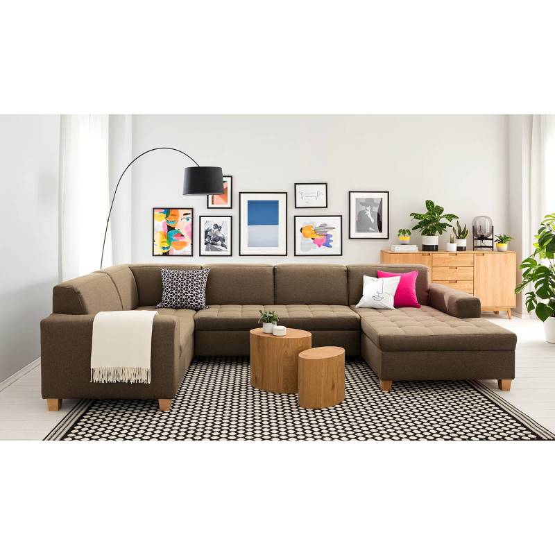 home24 Wohnlandschaft Roblin Braun/Sandgrau Webstoff Bona 333 x 80 x 199cm Longchair davorstehend rechts / Ottomane links Bettkasten/Schlaffunktion von home24