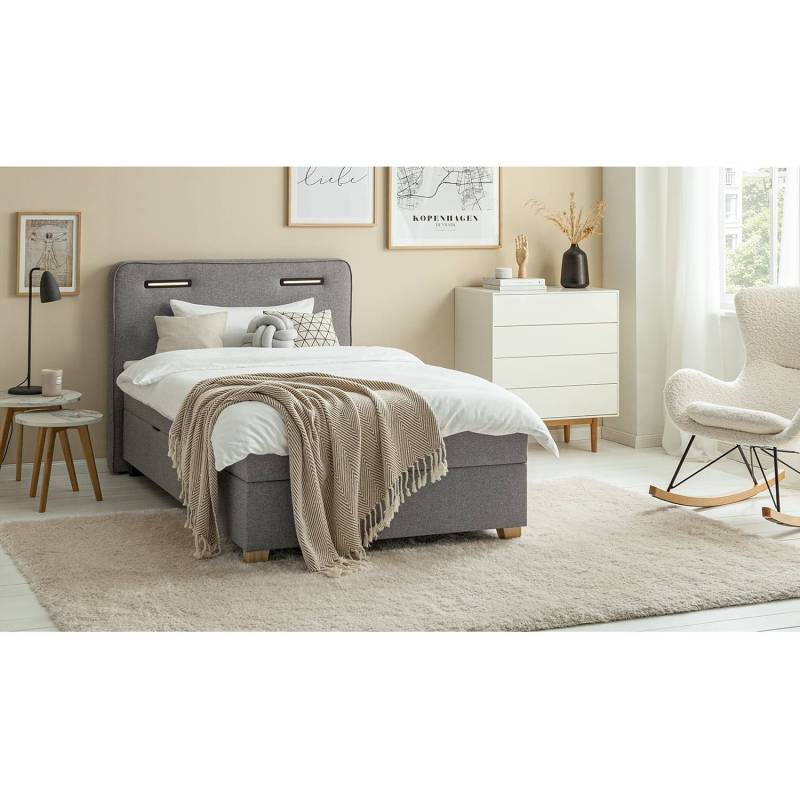 home24 Boxbett WOODMORE mit Stauraum 120 x 200cm Strukturstoff Grau/Grau/Taupe Buche von home24