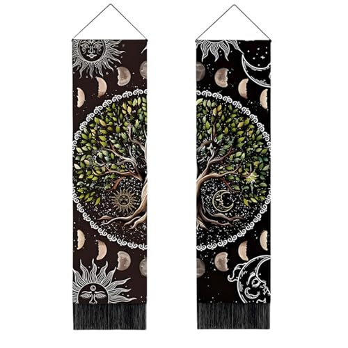 Arsey 2er-Pack Wandteppich Grün Baum Des Lebens Sonne und Mond Wandbehang mit Quasten 32.5 X 130cm, Retro Mondphase Lebensbaum Vertikaler Wandtuch Wohnzimmer Room Boho Deko von Arsey