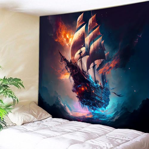 Arsey Geist Piratenschiff Wandteppich Meer Landschaft Wandtuch Ozean Segelboot Wand Teppiche Psychedelic Aesthetic Deko Schlafzimmer Wohnzimmer Partydekoration, 200x150cm von Arsey