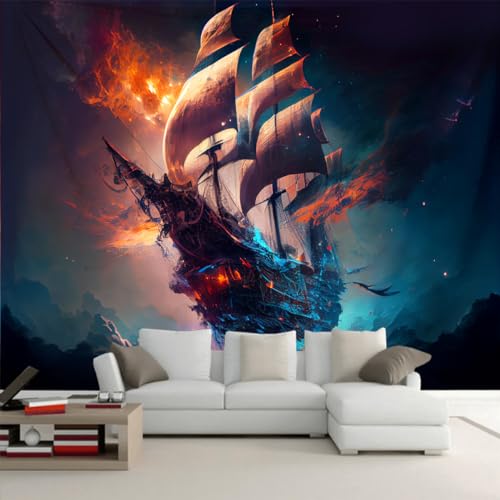 Arsey Geist Piratenschiff Wandteppich Meer Landschaft Wandtuch Ozean Segelboot Wand Teppiche Psychedelic Aesthetic Deko Schlafzimmer Wohnzimmer Partydekoration, große Größe 230x180cm von Arsey