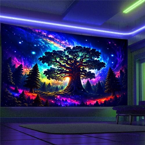 Arsey Schwarzlicht Wandteppich Wald Trippy UV-Reaktive Wandteppiche Hochkant Baum Sterne Galaxy Aesthetic Wandtücher Wandtuch Deko Wohnzimmer, Bunt, Extra Großer 300x180cm von Arsey