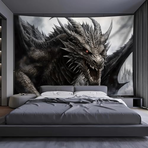 Arsey Wandteppich Drachen mit Feurigen Augen, Fantasy Gothic Tier Wandteppiche Aesthetic Spirituell Tapestry Wandtuch für Schlafzimmer Wohnzimmer BüRo Party, Grau-Schwarz 200x150cm von Arsey