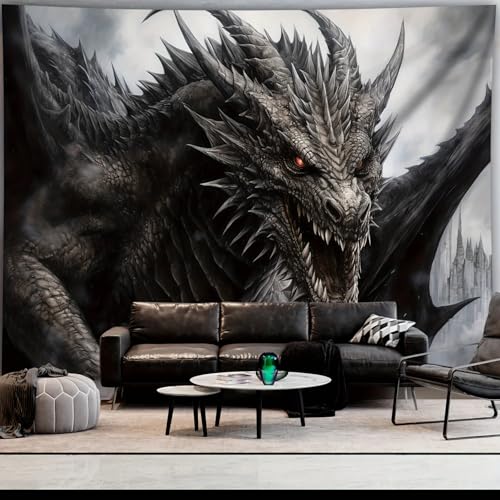 Arsey Wandteppich Drachen mit Feurigen Augen, Fantasy Gothic Tier Wandteppiche Aesthetic Spirituell Tapestry Wandtuch für Schlafzimmer Wohnzimmer BüRo Party, Grau-Schwarz 230x180cm von Arsey