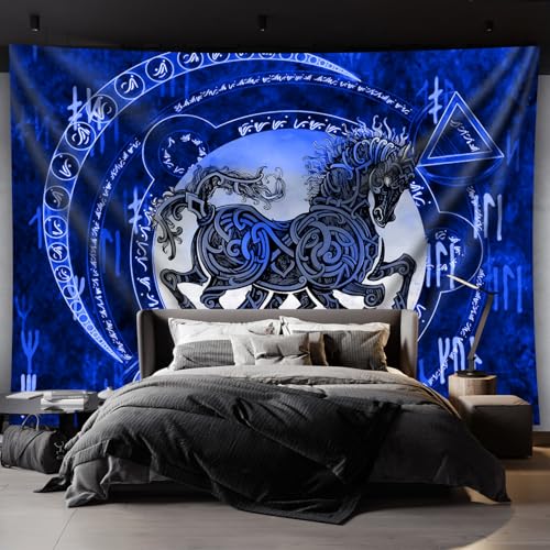 Arsey Wandteppich Schwarzlicht UV Wandteppiche, Wikinger Runen Wandtuch mit Odin Pferd Motiv für Party & Geburtstagsdeko, Psychedelic Hippie, Pferdeliebhaber Geschenk, Blau, 230 x 180 cm von Arsey