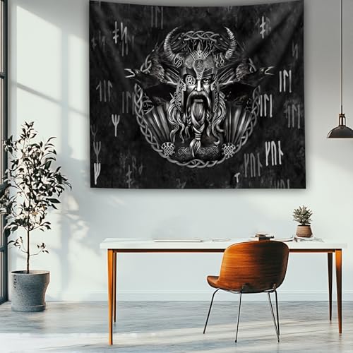 Arsey Wandteppich – Wikinger Deko mit Odin und Raben, Runen Wandtuch, Ideal für Nordische Mythologie und Viking-Liebhaber, Tapestry Wandbehang 150 x 130, Schwarz von Arsey