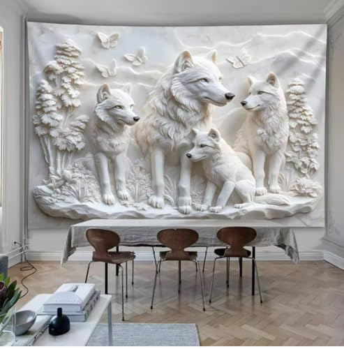 Arsey Wandteppich Wolf Motiv, Weißer Tier Wandteppiche mit Schmetterling, Natur Tapestry Wandtuch für Schlafzimmer, Wohnzimmer, Ästhetischer Spiritueller Wandbehang 300x180cm von Arsey
