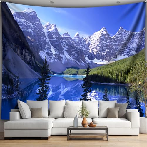 Arsey Wandteppich mit Bergsee-Wald, Naturlandschaft Wandteppiche, Landschaft des Sees und Berge Motiv für Schlafzimmer Wohnzimmer Deko Fotografie-Hintergrund, Blau, 300x180cm von Arsey