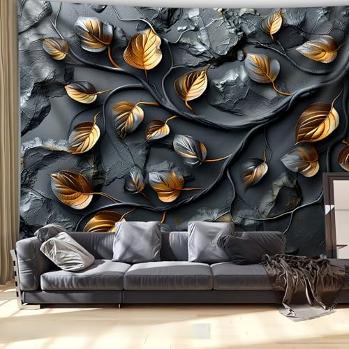 Arsey Wandteppich mit goldenen Blättern Perfekt für Schlafzimmer Wohnungs Wohnzimmer Modern Home Deko, Schwarz, groß 200 x 150cm von Arsey