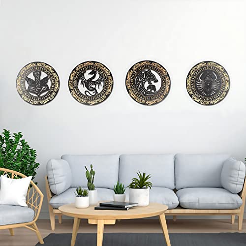 Arsey Wikinger Deko Nordische Mythologie Runen Mittelalter Wandkunst Nordischer Heilige Kreatur Thors Hammer Wolf Fenrir Drache Baum Des Lebens Symbol Wanddeko Wohnzimmer Holz, Gelb, 4 Stücke von Arsey