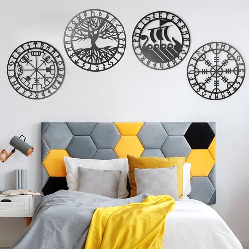 Arsey Wikinger Nordische Mythologie Runen Holzornamente Mittelalter Deko Wandkunst Wandskulpturen Kompass Lebensbaum Vegvisir Wanddeko Wohnzimmer Schlafzimmer wandbild, Holz, Schwarz, 4 Stücke von Arsey