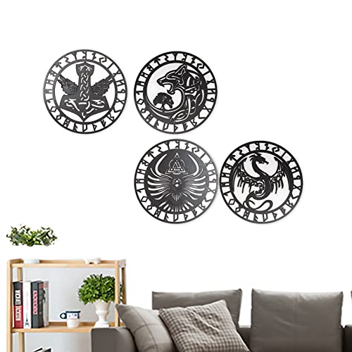 Arsey Wikinger Deko Nordische Mythologie Runen Mittelalter Wandkunst Nordischer Heilige Kreatur Thors Hammer Wolf Fenrir Drache Baum Des Lebens Symbol Wanddeko Wohnzimmer Holz, Schwarz, 4 Stücke von Arsey