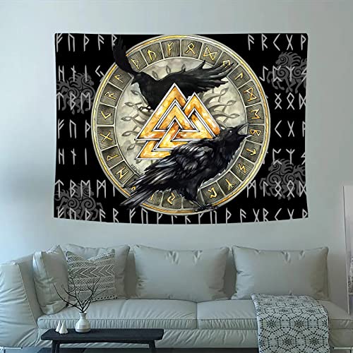 Arsey Nordische Mythologie Wikinger Wandteppich Wandtücher Valknut Raben Kunst Wandbehang Meditation Rune Wandtuch für Wohnzimmer Schlafzimmer Mittelalter Deko 200cm x 150cm von Arsey
