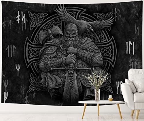 Arsey Wikinger Deko Wandteppich Nordisch Mythologie Odin Warrior Schwert Axt Rabe Kreuzknoten Tattoo Meditation Runen Wandtuch Gobelin Tapisserie Wohnzimmer Schlafzimmer Grau 150cm x 130cm von Arsey