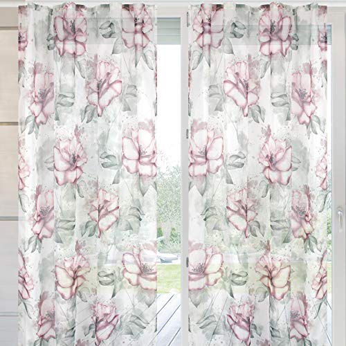 Arsvita 2er Pack Gardine (Flower) Voile mit Kräuselband 140x245cm Universalbandvorhang für zu Hause, transparente und Moderne Fensterdekoration von Arsvita