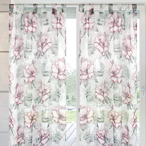 Arsvita 2er Pack Gardine (Flower) Voile mit Schlaufen 140x245cm Schlaufenvorhang für zu Hause, transparente und Moderne Fensterdekoration von Arsvita