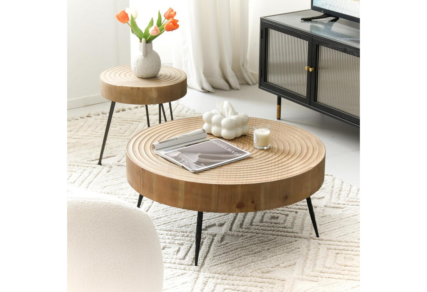 Art Leon Couchtisch GR-JY1450-8611-8613 (Couchtisch Rund Holz Coffee Table Rund Naturbraun Verfügbar über 40x40x46.7cm, 60x60x42cm, 80x80x36.5cm (BxHxT), 1-St., 1 Stück/2er Set), Couch Table Kiefer Wohnzimmertisch Beistelltisch für Wohnzimmer von Art Leon