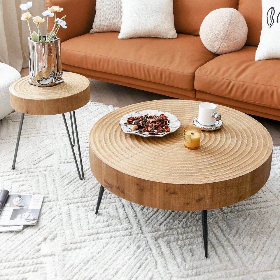 Art Leon Couchtisch GR-JY1450-8611-8613 (Couchtisch Rund Holz Coffee Table Rund Naturbraun Verfügbar über 40x40x46.7cm, 60x60x42cm, 80x80x36.5cm (BxHxT), 2-St., 1 Stück/2er Set), Couch Table Kiefer Wohnzimmertisch Beistelltisch für Wohnzimmer von Art Leon