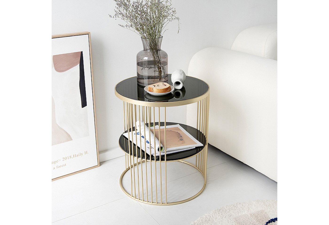 Art Leon Couchtisch GR-YQ-0315-0316 (Couchtisch Gold Beistelltisch Rund 45x45cm aus Weiß/Schwarz Gehärtetes Glas mit Marmorstil mit Goldenen Metallgestell Telefontisch Wohnzimmertisch 2 Ablage Ebenen Stauraum, 1-St., 1 Stück), mit Goldenen Metallgestell Telefontisch Wohnzimmertisch Tisch von Art Leon
