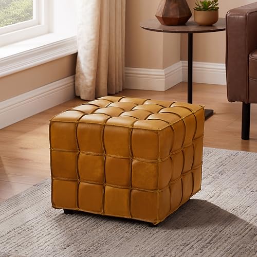 Art Leon Echtleder Ottomane - Quadratische Fußstütze Fußhocker Moderner Sofa-Hocker für Wohnzimmer Schlafzimmer Gelbbraun von Art Leon