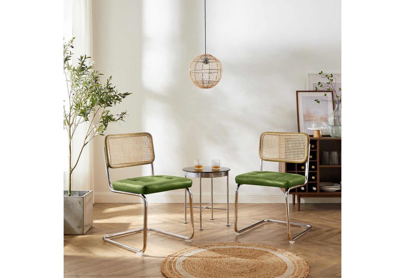 Art Leon Esszimmerstuhl CC038 (Zouron Esszimmerstühle Rattan Stuhl Schwingstühle 2er Set - Kunstleder Küchenstuhl Freischwinger Stühle, 2 St), Polsterstuhl Natur geflochtene Rattan Rückenlehne Chrom Metallbeine von Art Leon