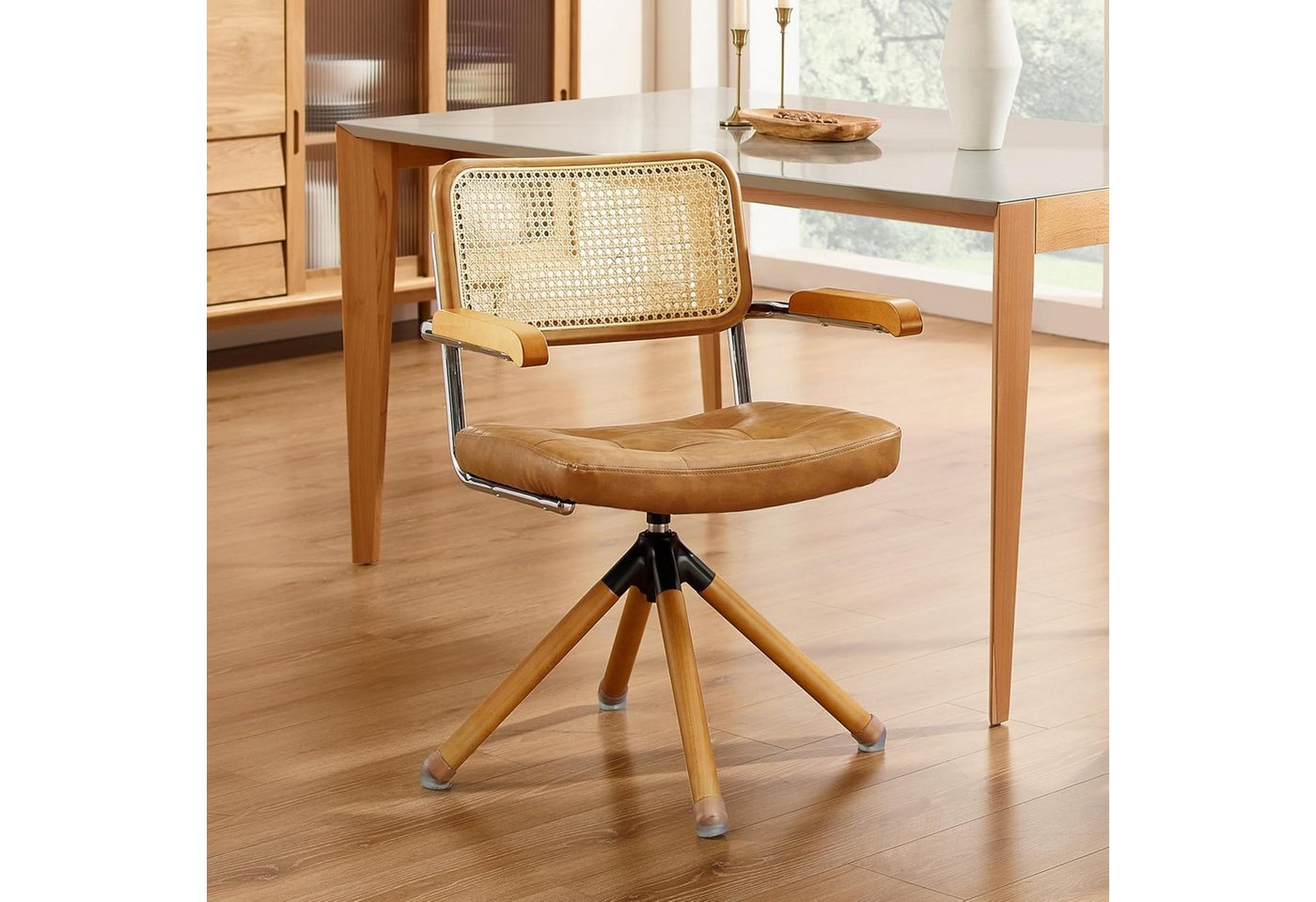 Art Leon Esszimmerstuhl CC058 (Mid Century Modern Drehstuhl ohne Rollen Farbe in Braun/Grün), Grün Kunstleder gepolsterter Bürostuhl mit Holzbeine von Art Leon