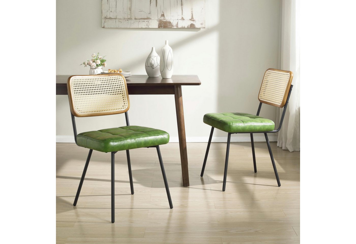 Art Leon Esszimmerstuhl CC061 (Rattan Esszimmerstühle 2er Set Mid Century Moderne Esszimmerstühle Farbe in Grün/Beige/Gelbbraun), Rattan Cane Küchenstuhl mit schwarzen pulverbeschichteten Metallbeinen von Art Leon