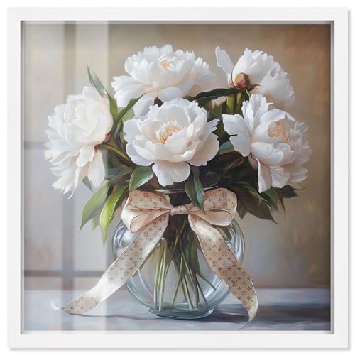 Art Remedy Blumenvase mit Schleifenband, modische Blumenkunst von Art Remedy, weißer Rahmen, 61 x 61 cm Art Remedy Blumenvase mit Schleifenband, modische Blumenkunst von Art Remedy, weißer Rahmen, 61 x 61 cm von Art Remedy