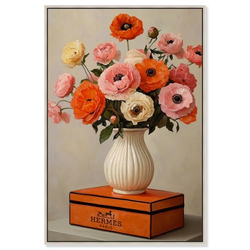 Art Remedy Kunstdruck auf Leinwand, schöne Blumenvase und Box, modischer Kunstdruck, silberfarbener Rahmen, 40,6 x 61 cm von Art Remedy