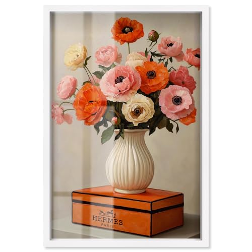 Art Remedy Schöne Blumenvase und Schattenbox-Druck, modische Kunstdrucke von Art Remedy, weißer Rahmen, 40,6 x 61 cm von Art Remedy