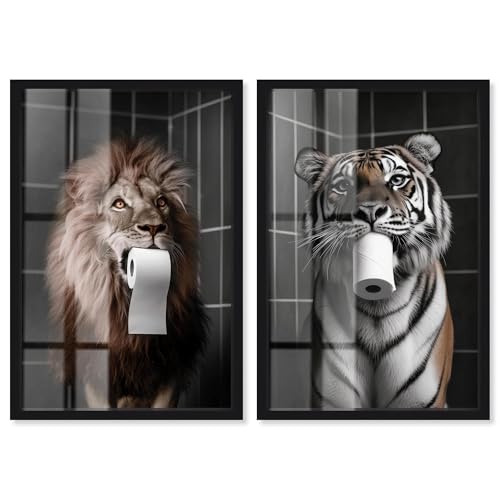 Gedämpftes Tier-Toilettenpapier-Set Shadowbox Druck Löwe Tiger Kunstdruck von Art Remedy, schwarzer Rahmen, 20 x 30 von Art Remedy