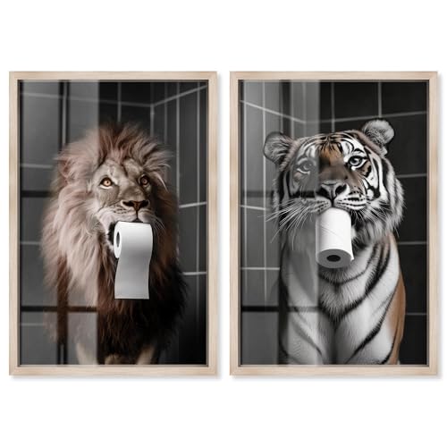 Gedämpftes Tier-Toilettenpapier-Set Shadowbox Druck Löwe Tiger Kunstdruck von Art Remedy Blonder Rahmen 10x15 von Art Remedy