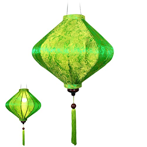 Asiatische Laterne Lampion aus Grün Seide, T Ø39cm - Traditionelle Hoi An Hängelampe aus Stoff, Bambus und Holz - Dekoration und Handwerk aus Vietnam (T25-V) von Art Saigon