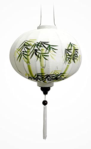Asiatische Laterne aus Weißem Leinenstoff R - Durchmesser Ø38cm - Handbemalte Laterne mit Bambus und Vogelpaar Motiv - Dekoration und Kunsthandwerk aus Vietnam (R25-TRE) von Art Saigon