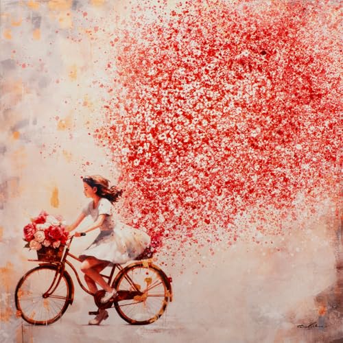 Art Universe Gemälde FLOWERS IN THE AIR 100x100 cm - handgemalt - Acrylgemälde - Moderne Kunst - Blumen Mädchen - Blüten Fahrrad von Art Universe