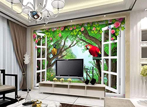 ZZXIAO Wandbild Fenster Papagei Rose Wasserfall Wald Bild Wandbilder Hintergrund Hintergrund Dekoration 3D- wandpapier fototapete 3d effekt tapete Wohnzimmer Schlafzimmer Hintergrundbild-150cm×105cm von Art Wallpaper