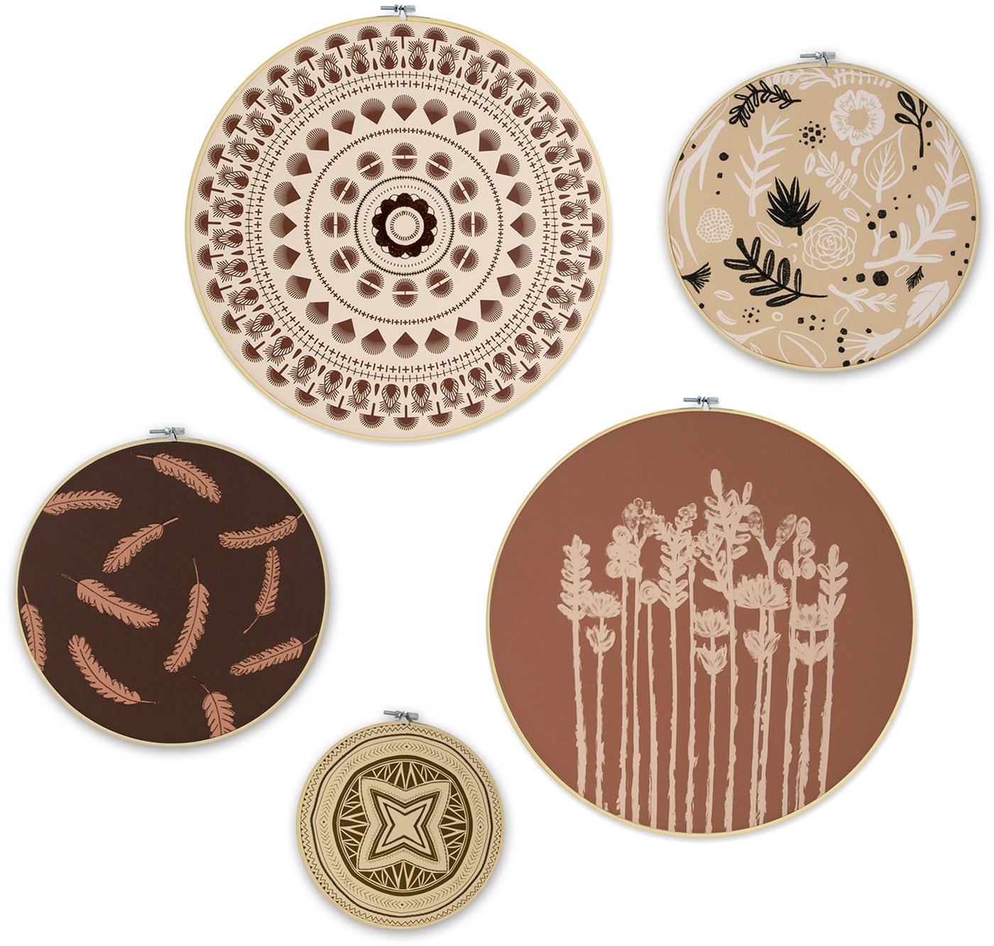 Art for the home Mehrteilige Bilder Art for the Home Ibiza Vibes Wanddeko Set of 5, Federn, Zen (Set, 5 St), Bild Ibiza-Vibes Kreise mit gestickter Dekoration Leicht Boho 40x40 cm von Art for the home