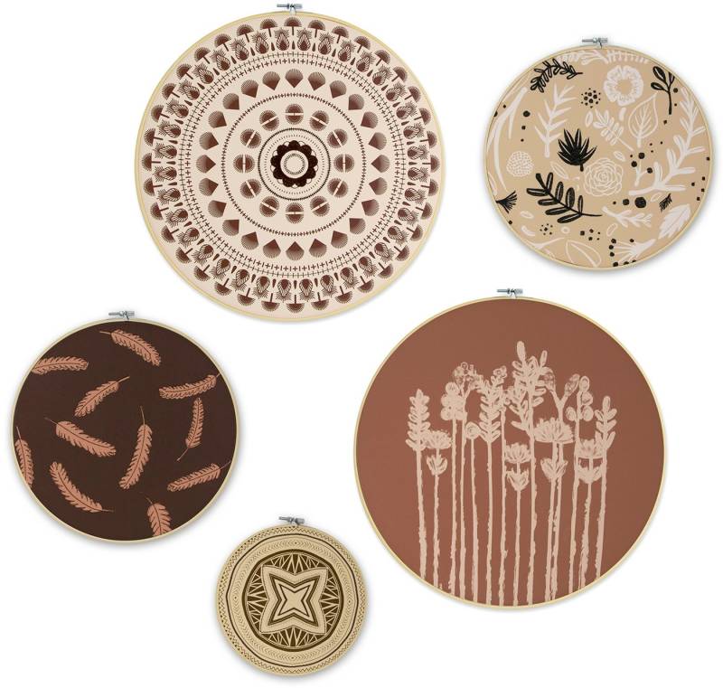 Art for the home Mehrteilige Bilder Art for the Home Ibiza Vibes Wanddeko Set of 5, Federn, Zen (Set, 5 St), Bild Ibiza-Vibes Kreise mit gestickter Dekoration Leicht Boho 40x40 cm von Art for the home