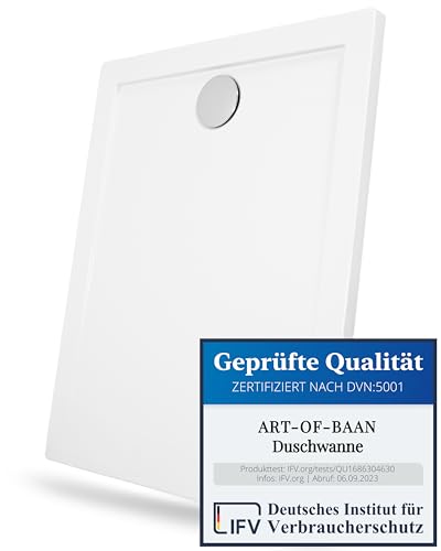 Art-of-Baan® Premium Duschwanne - Duschbecken für Badezimmer - mit DIN-Anschluss - flache Duschtasse inklusive Ablaufgarnitur - weiß - 120 x 90 cm von Art-of-Baan