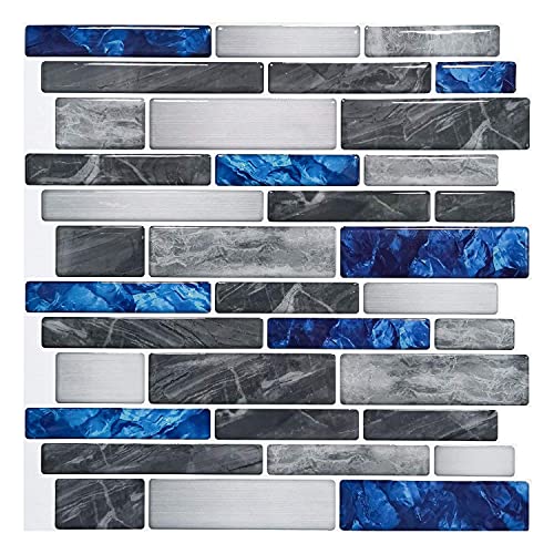 Art3d 10 Stück Fliesenaufkleber Keramikfliesen selbstklebend für Küche oder Bad Mosaik Vinyl Fliesen Marmor Blau 30×30cm von Art3d