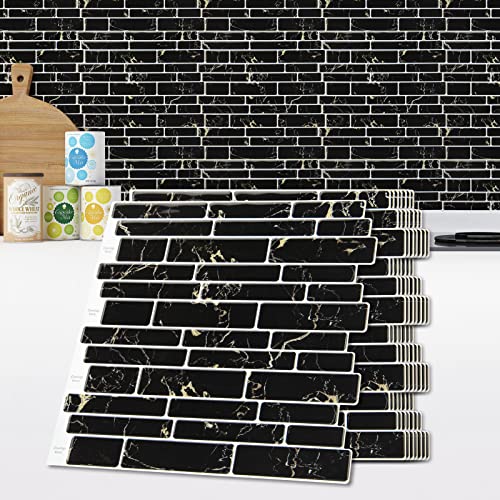 Art3d Keramikfliesen selbstklebend Fliesenaufkleber Küche Bad abziehen und aufkleben Mosaik Vinyl Fliesen Marmor Schwarz 30×30cm von Art3d