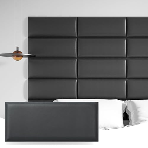 Art3d Kopfenden Kopfteil Selbstklebend King-Size-Bett Full und Queen Kunstleder Schlafzimmer Wohnzimmer Paneele 3D schalldichte 60 x 25 cm gepolsterte Wandpaneele 6 Stück Schwarz von Art3d