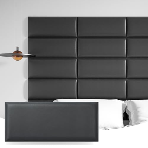 Art3d Kopfenden Kopfteil Selbstklebend King-Size-Bett Full und Queen Kunstleder Schlafzimmer Wohnzimmer Paneele 3D schalldichte 60 x 25 cm gepolsterte Wandpaneele 9 Stück Schwarz von Art3d