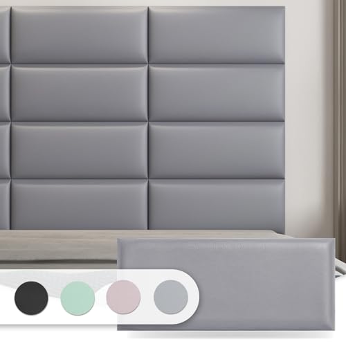 Art3d Kopfenden Kopfteil Selbstklebend King-Size-Bett Full und Queen in Kunstleder Schlafzimmer Wohnzimmer Paneele 3D schalldichte 60 x 25 cm gepolsterte Wandpaneele 6 Stück Grau von Art3d