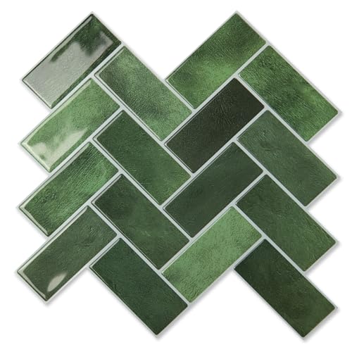 Art3d Selbstklebende Wandfliesen 3D Fliesenaufkleber Fliesenfolie Fischgrät Fliesen Aufkleber Küche Bad Ziegel Wandaufkleber Wasserdichte Grün Upgrade Dickere von Art3d