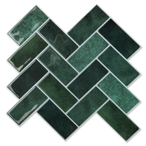 Art3d Selbstklebende Wandfliesen 3D Fliesenaufkleber Fliesenfolie Fischgrät Fliesen Aufkleber Küche Bad Ziegel Wandaufkleber Wasserdichte Smaragd Upgrade Dickere von Art3d